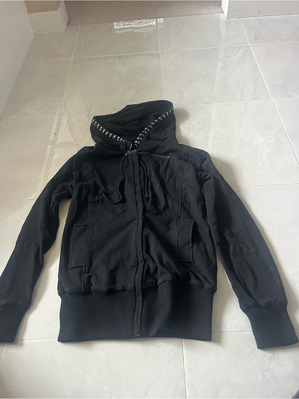 Black Hooded Half Zip-Up Jacket/Hoodie with Stud Trim lines Hood